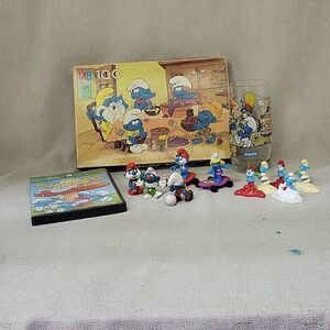 80's Smurf puzzle, glass, figures, dvd